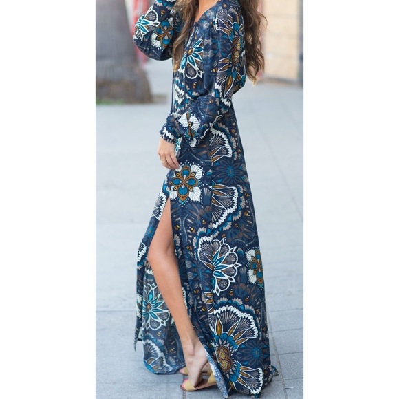 balloon sleeves boho printed maxi dresses